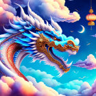 Majestic dragon illustration with intricate patterns in sky