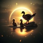 Tranquil pond scene with three ducks at sunset