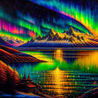 Colorful digital artwork: Mountain range, aurora, mirrored reflection