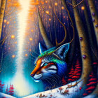 Colorful Fox in Mystical Forest with Birds and Radiant Light