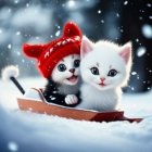 Two cute kittens in red beanie on sled in snowfall