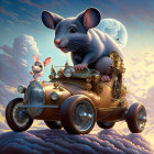 Whimsical animated mice in retro car among colorful clouds