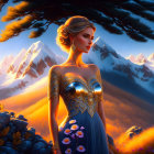 Illustrated woman in ornate gown in bloom-filled landscape with snowy mountains