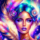 Colorful illustration of woman with feathers and flowers on cosmic backdrop