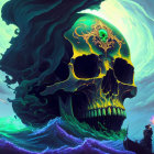 Surreal artwork: Giant skull with green and yellow patterns in teal waves