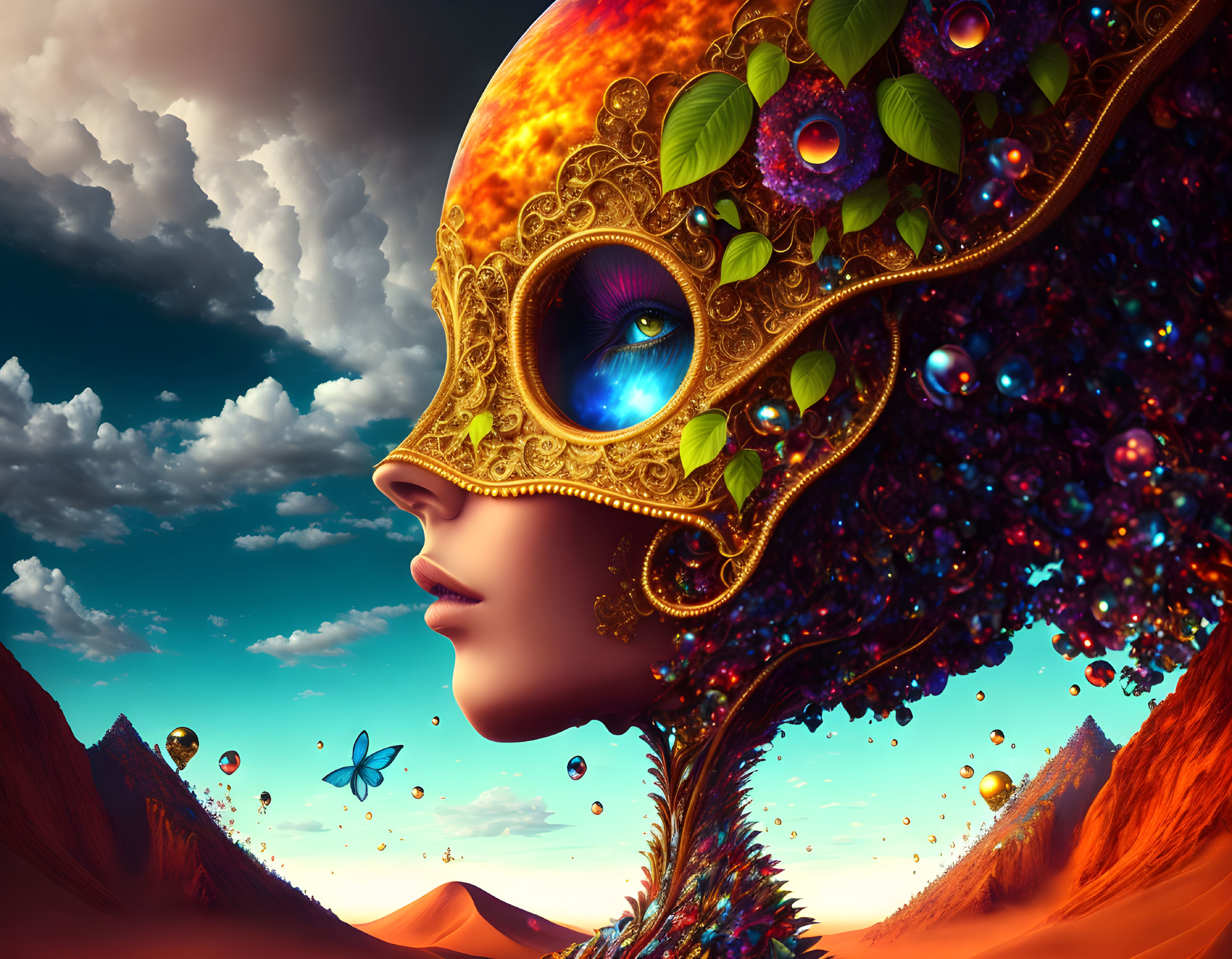 Colorful digital artwork: Woman's profile with ornate mask in cosmic landscape