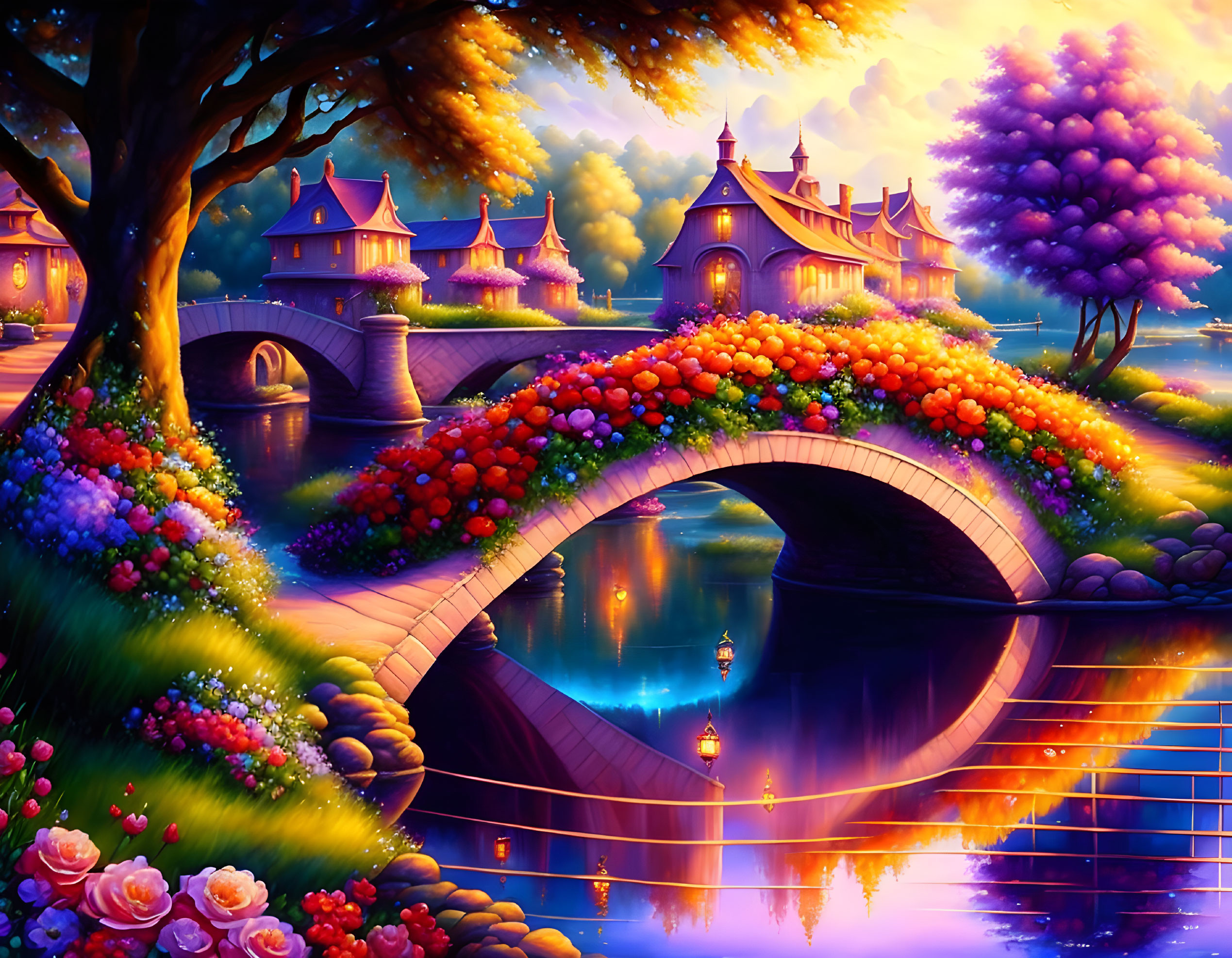 Fantasy landscape with stone bridge, tranquil waters, flowering trees, gardens, and illuminated cottages at