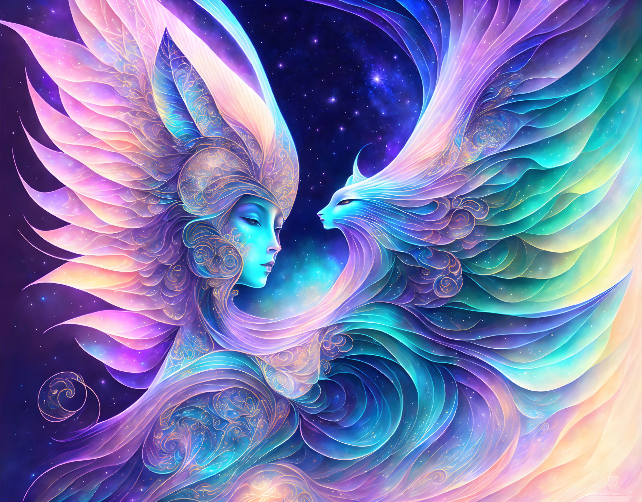 Fantasy illustration of woman with wing-like designs merging with a bird