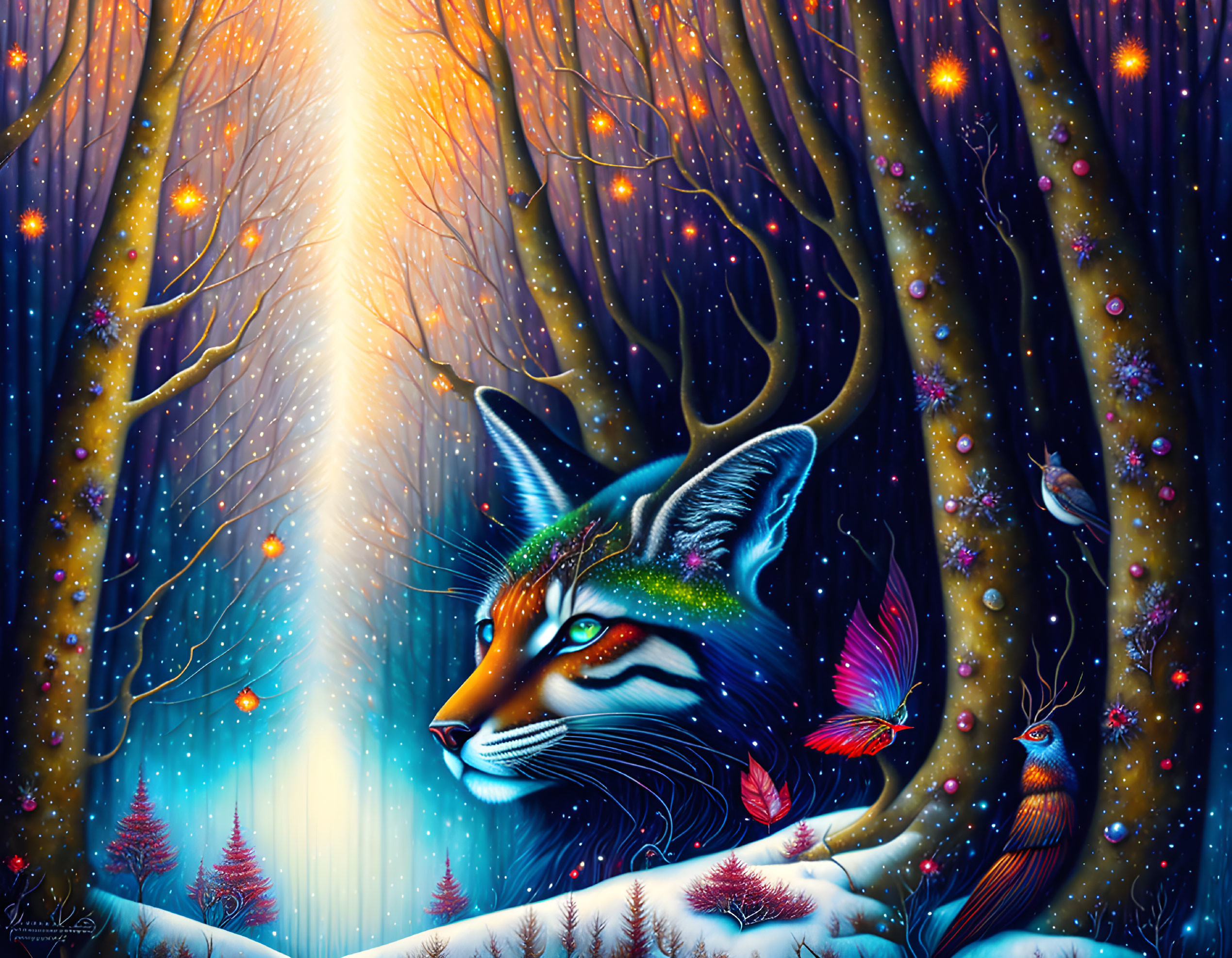 Colorful Fox in Mystical Forest with Birds and Radiant Light