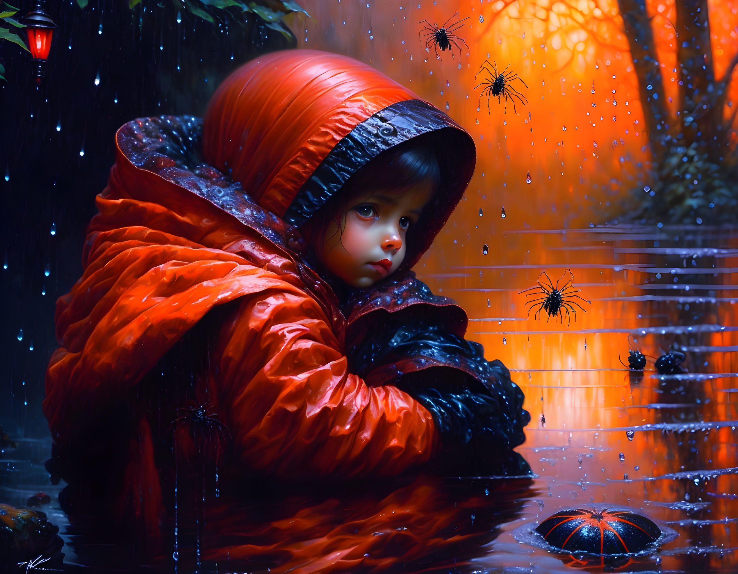 Child in Red Hooded Jacket Stands in Rainy Spider-Infested Scene