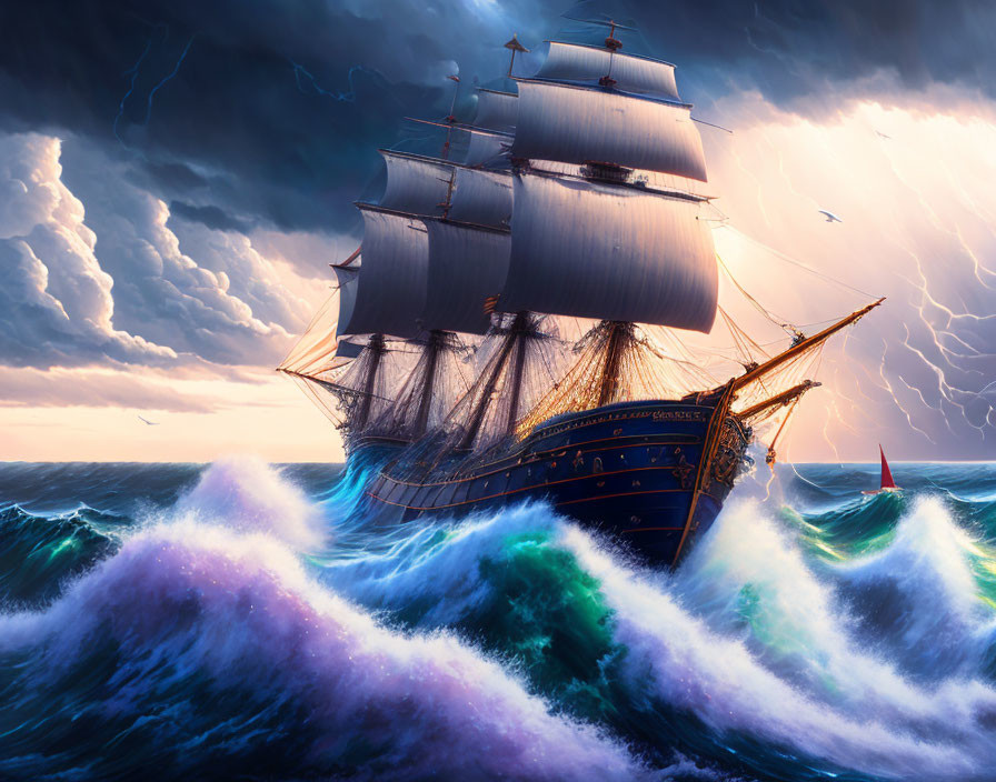 Tall ship with full sails braving stormy seas