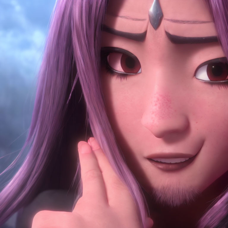 Detailed close-up of 3D animated female character with purple hair and red eyes against purple background