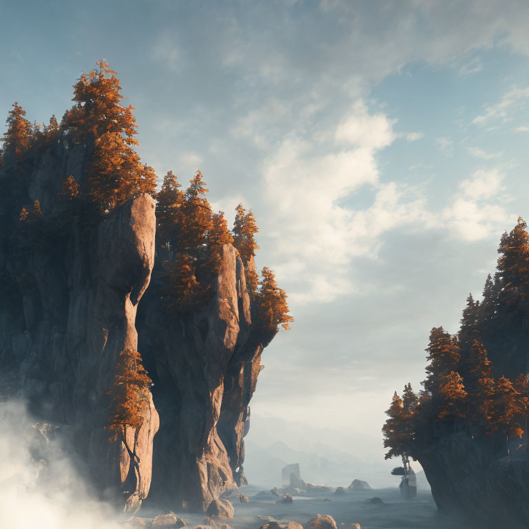 Rocky cliffs and autumn trees under soft blue sky with gentle fog.