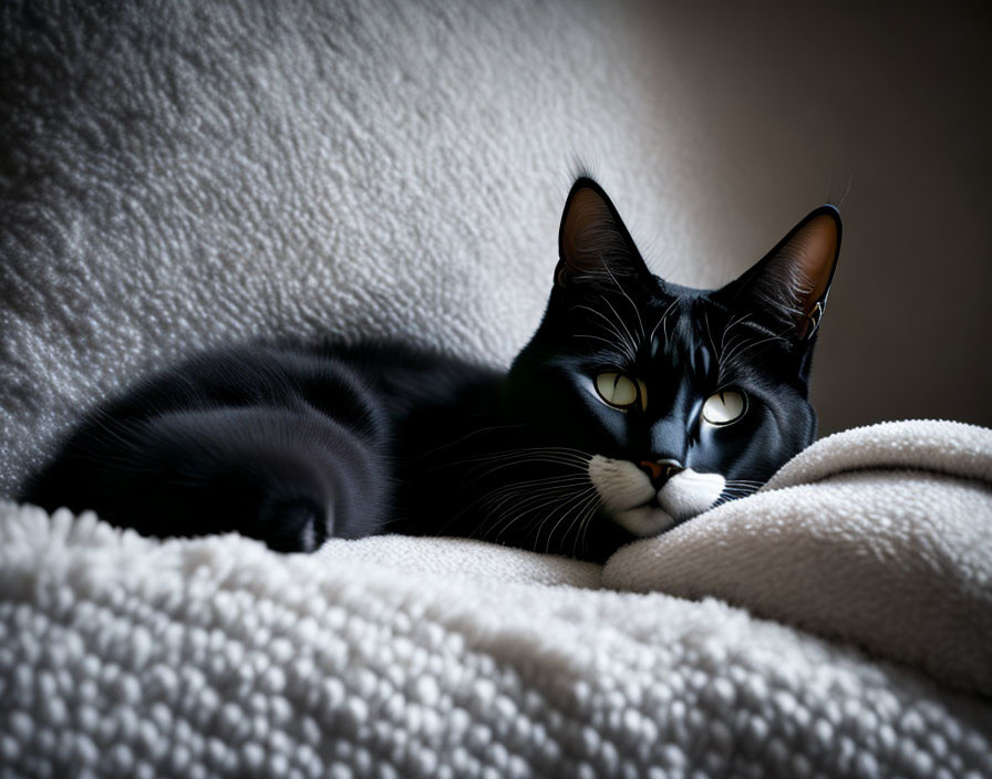 Black and White Cat with Striking Eyes on Fluffy White Blanket