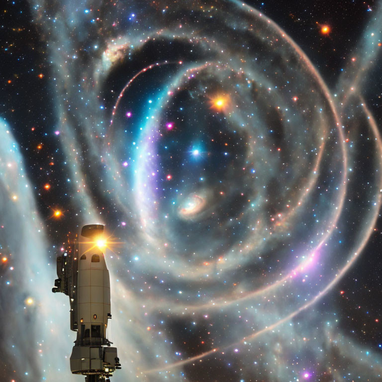 Spacecraft in swirling galactic arms and shimmering stars