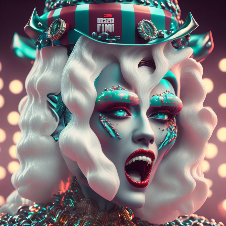 Exaggerated makeup and ornate headgear in digital portrait