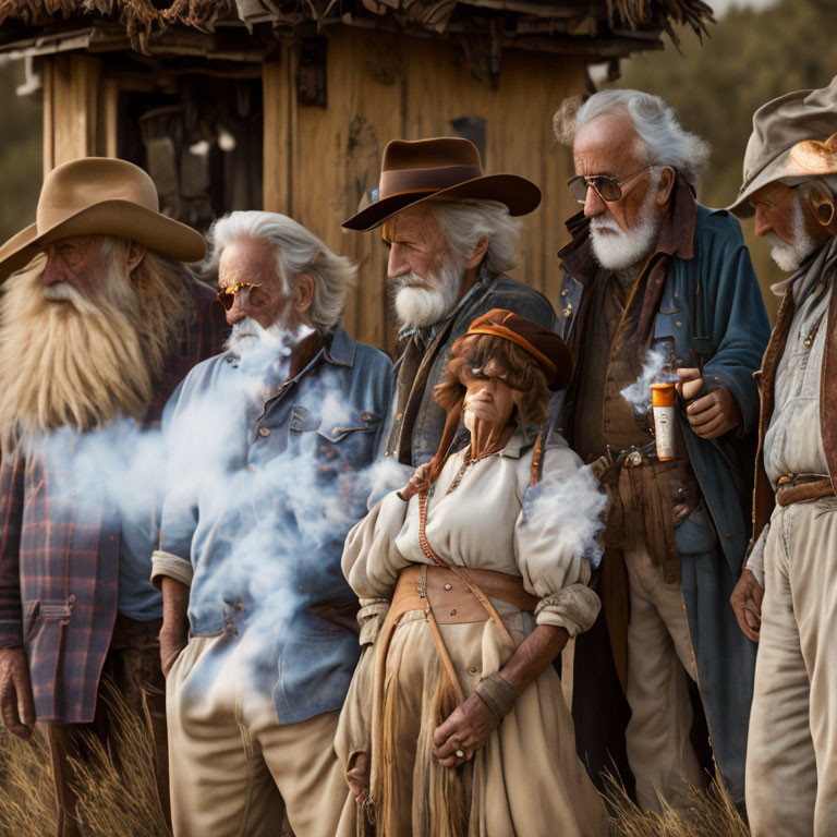 Elderly actors in Wild West attire by rustic wooden shack