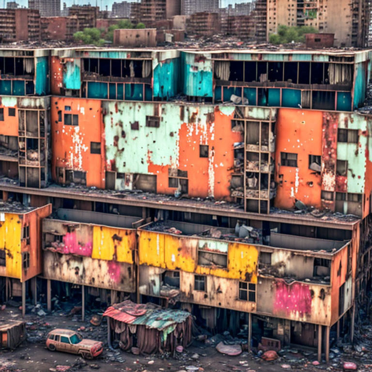 Weathered multi-story building with colorful walls and debris, displaying neglect.