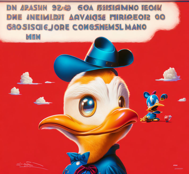 Colorful Cartoon Duck with Orange Beak and Blue Hat Illustration