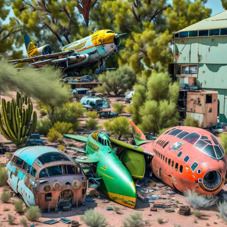 Colorful decommissioned airplanes in desert disassembly.