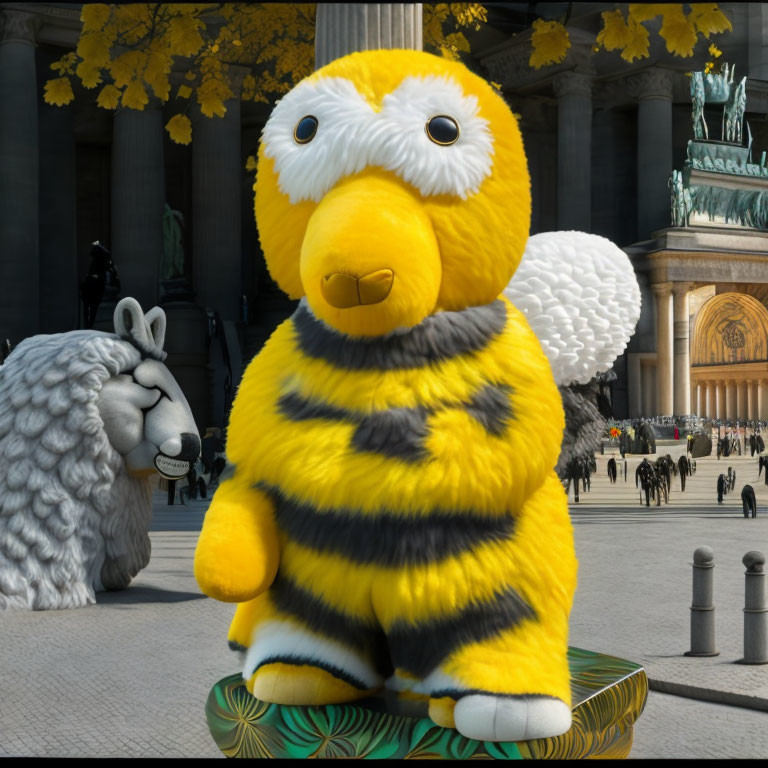 Colorful Large Bee-Like Creature in Plaza with Classical Buildings