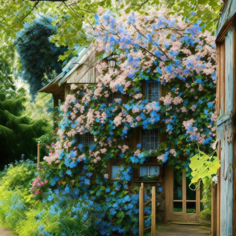 Wooden house surrounded by hydrangea blooms and lush foliage