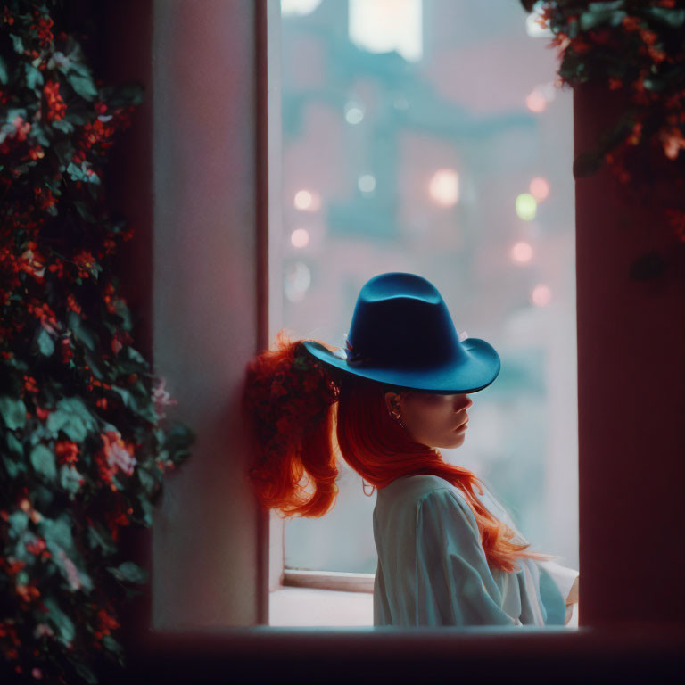 Red-haired person in blue hat gazes out window with city lights in background