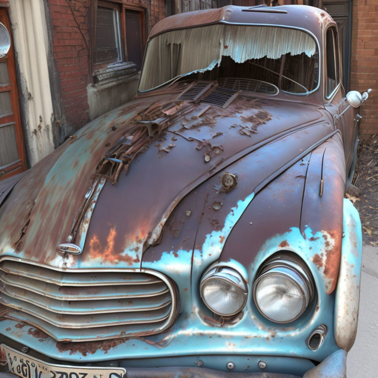 Rusted turquoise and brown car with decay and wear