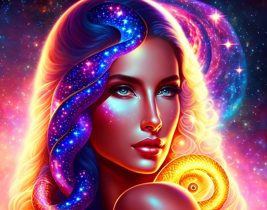 Digital artwork: Woman with cosmic hair merging into starry galaxy & golden ram symbolizing Aries.