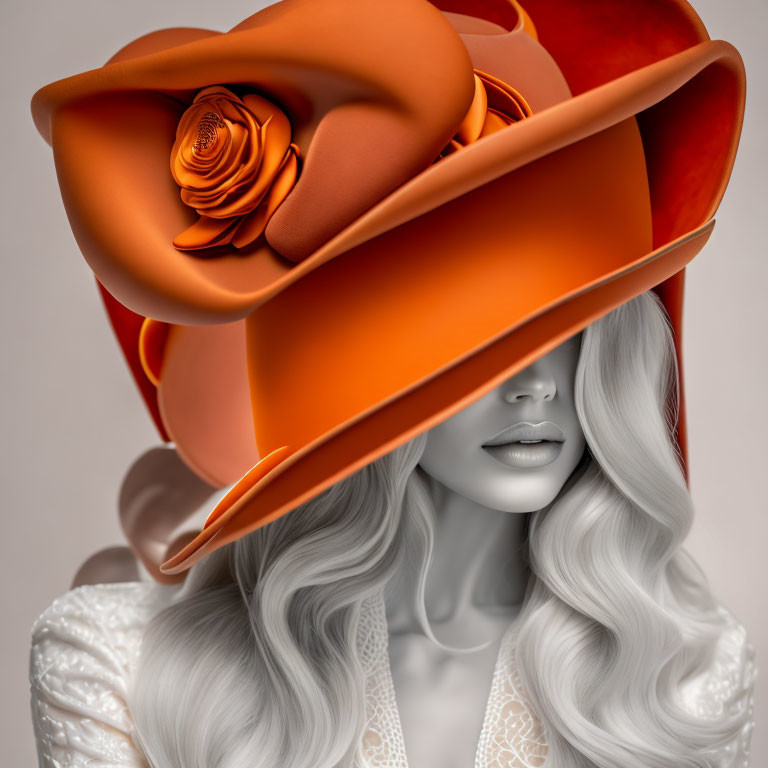 Monochromatic artwork: Woman with white hair and orange hat