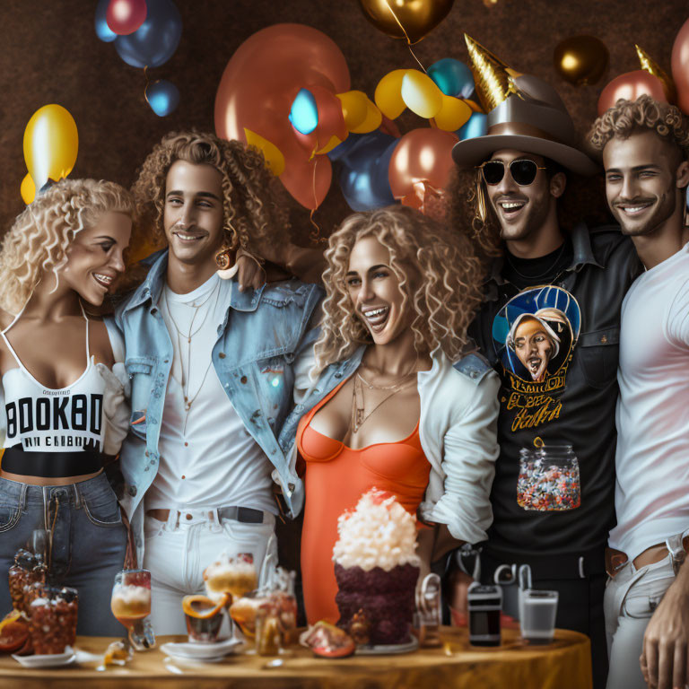 Joyful young adults celebrate with balloons, party hats, snacks, and cake