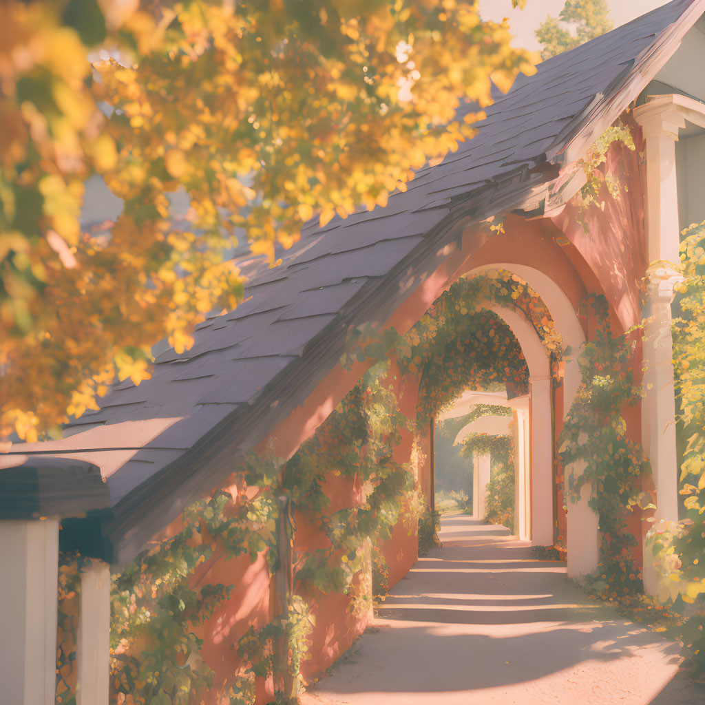 Tranquil arched walkway with ivy and autumn leaves in soft light