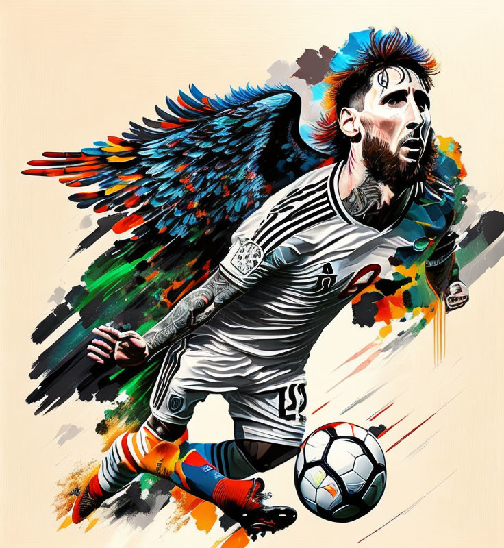 Colorful depiction of soccer player with stylized wings in action