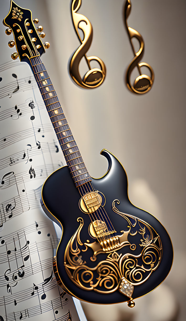 Black Electric Guitar with Gold Detailing on Musical Notes Background