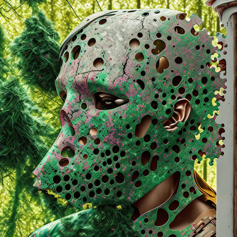 Person in Green Weathered Hockey Mask with Foliage Background