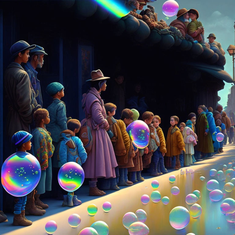 Diverse crowd observes children with glowing orbs on vibrant street