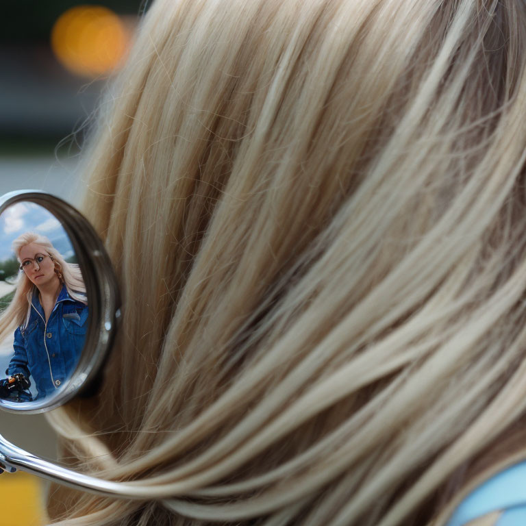 Blonde Hair Woman Reflected in Motorcycle Mirror Portrait