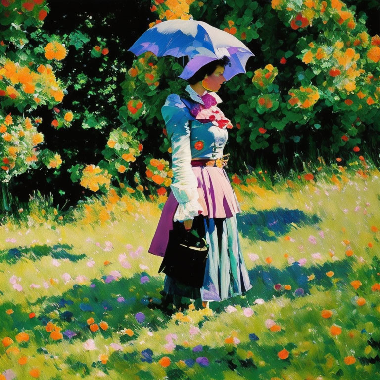 Vintage Attired Woman with Umbrella in Vibrant Garden