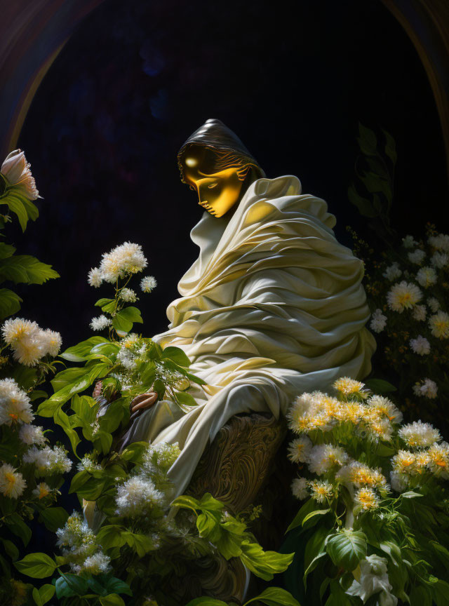 Solemn statue with white flowers on mystical background