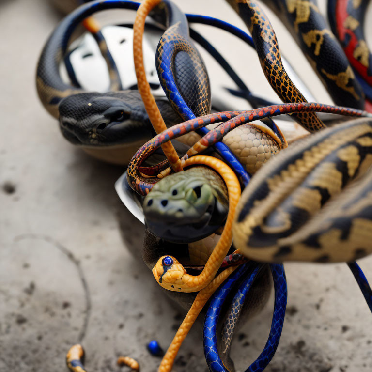 Vibrant toy snakes in a tangled heap on concrete with scattered beads