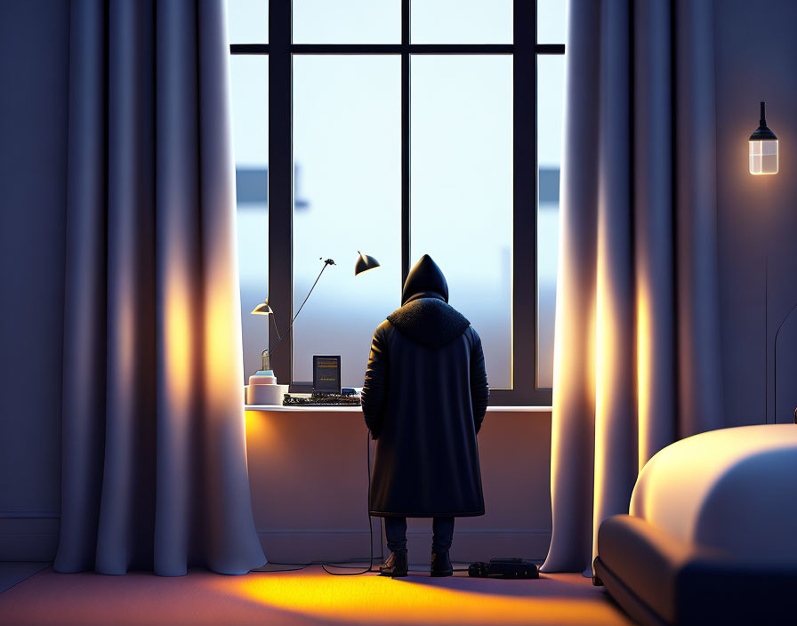 Person in hooded coat at desk by window at night with warm lamp glow.