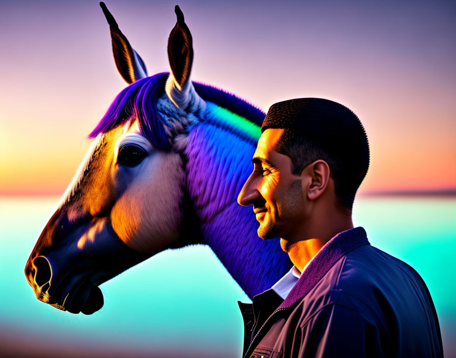 Man with colorful-maned horse at sunset