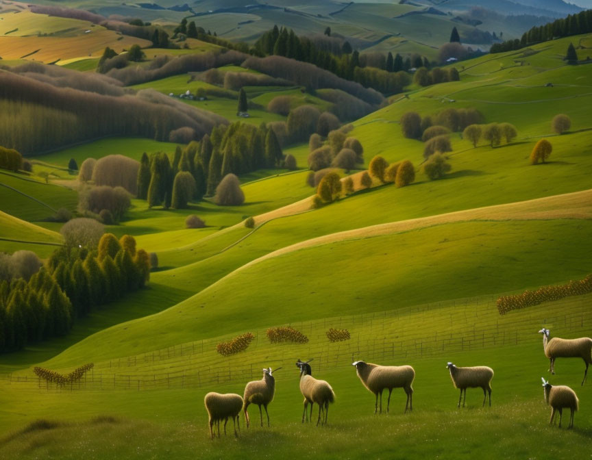 Tranquil green hills with grazing sheep under warm sunlight