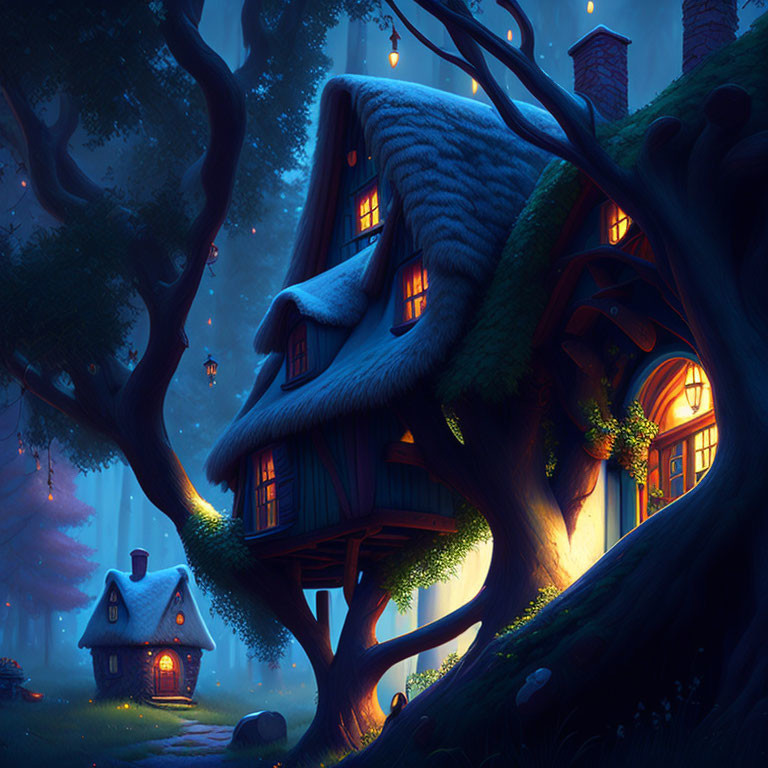 Enchanting forest scene with treehouse, cottage, glowing windows, and floating lights