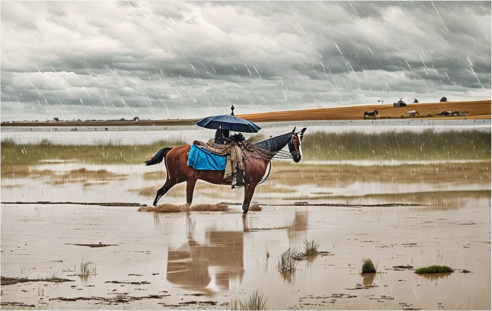 Horse with saddle and person holding umbrella in flooded field under rain