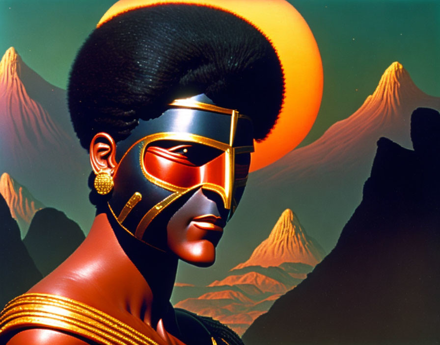 Illustrated portrait of person with afro hair, golden accessories, and futuristic mask in volcanic sunset.