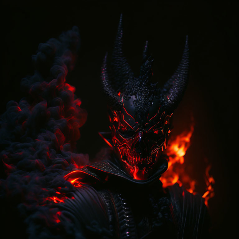 Intricately designed demonic mask with horns in dark setting