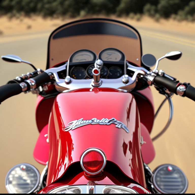 Detailed view of red motorcycle fuel tank and handlebars with speedometers on open road