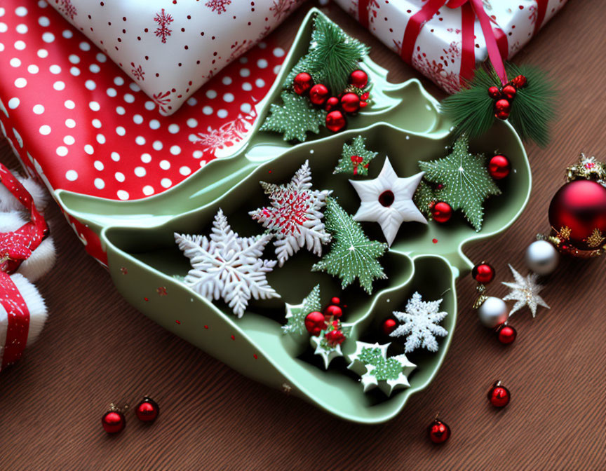 Festive Christmas Tree Dish with Cookies and Gifts