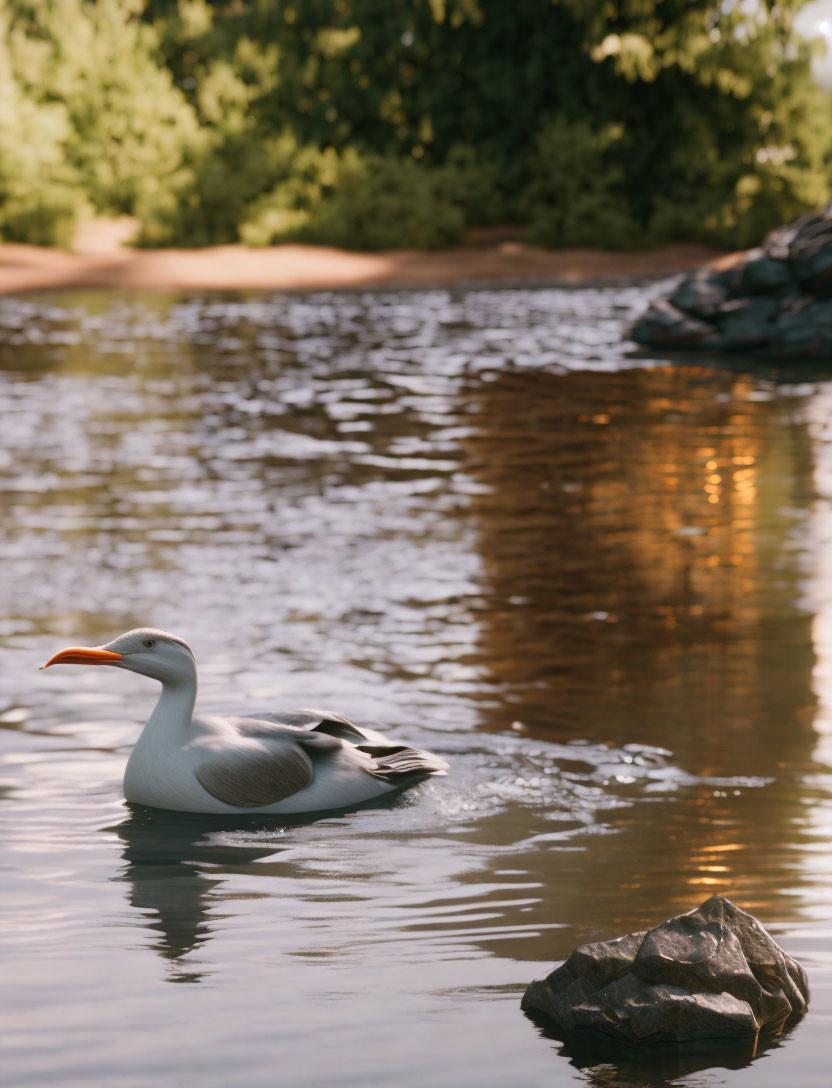 Seagull Floating Near Dark Rock in Calm Water